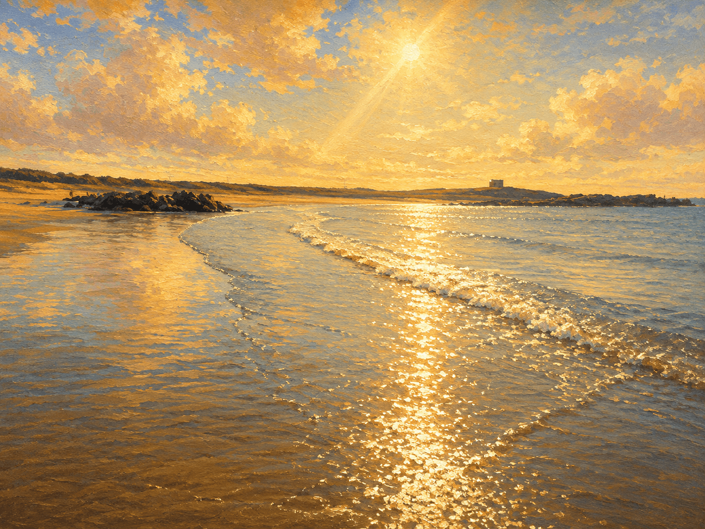 Silver Bay / Sunburst, a digital work by Elin Morrow of sunlight breaking over the bay