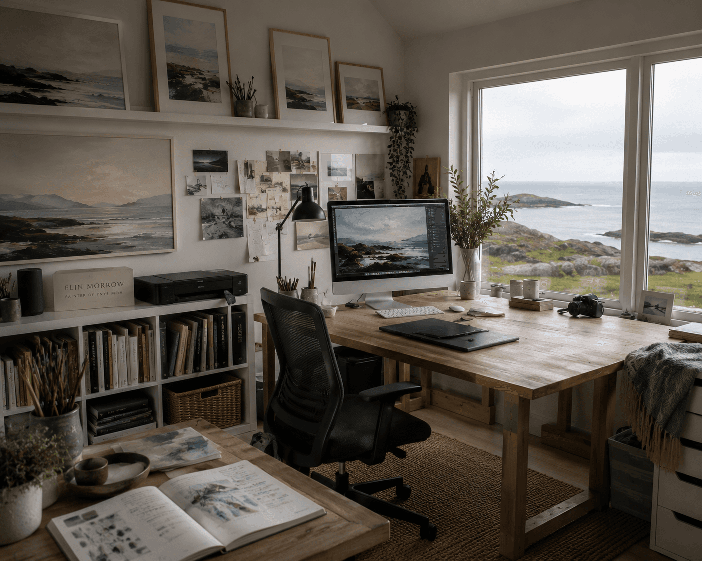 The studio desk, looking out over the water.
