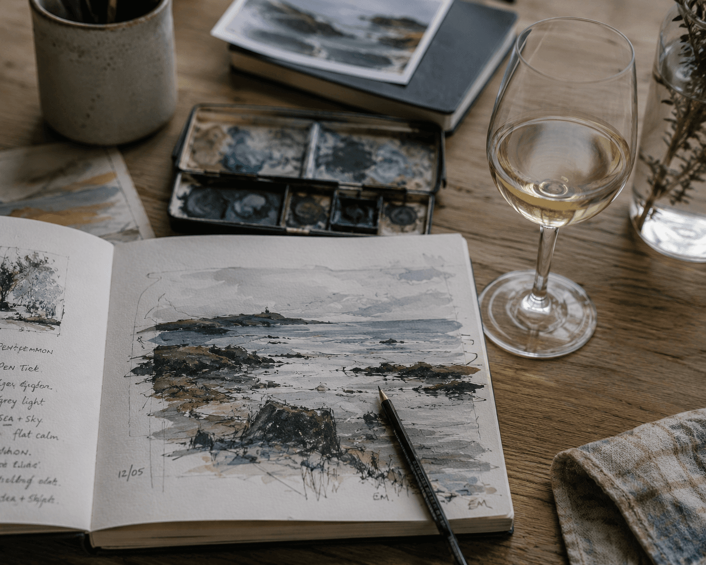 A study and watercolours on the table.